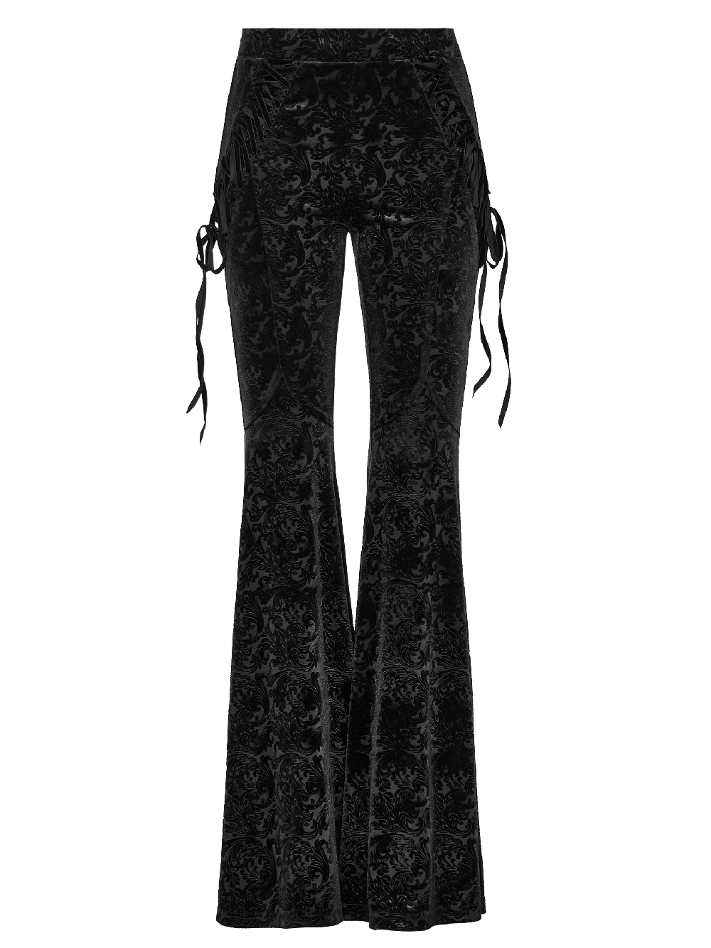 Gothic velvet flare pants with lace-up sides, featuring dark jacquard texture for a stylish and comfy fit.